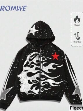 ROMWE Black Hooded Zip Jacket with White Flame Face & Red Star